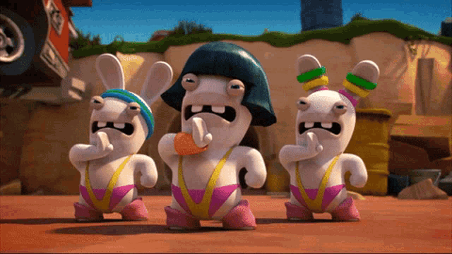 three cartoon rabbits standing next to each other with one holding a carrot