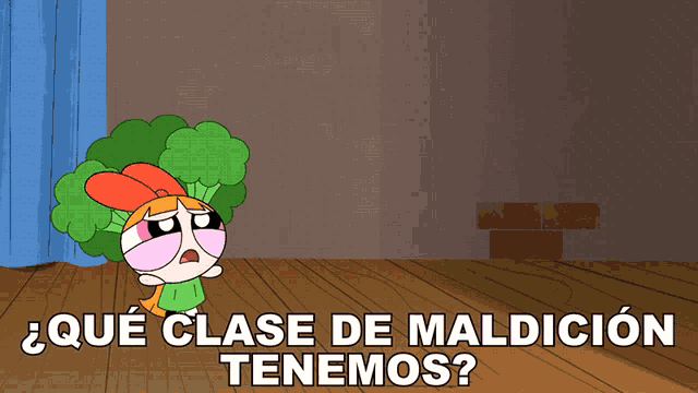 a cartoon of a girl with broccoli on her head and the words " que clase de maldicion tenemos " below her