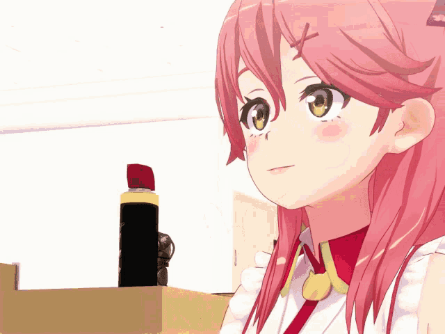 a girl with pink hair and green eyes looks at a spray bottle