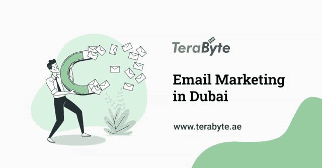 an advertisement for email marketing in dubai shows a man holding a large magnet