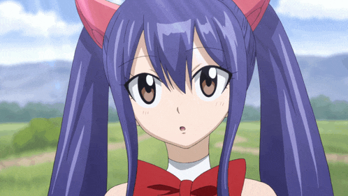 a girl with purple hair has a red bow and horns
