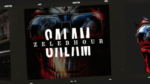 a black screen with a picture of a skull and the words omai zelebhou uii/iii on it