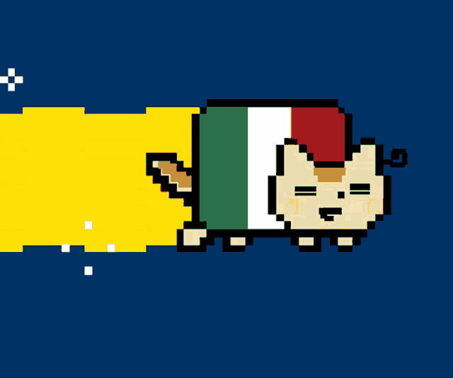 a pixel art drawing of a cat with a santa hat on