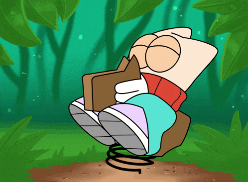 a cartoon of a person sitting on a spring holding a book