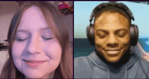 a woman and a man are talking on a video call . the woman is wearing headphones and the man is smiling .