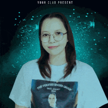a woman wearing glasses and a white t-shirt that says the verified singer group