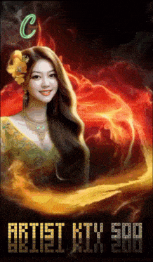 a woman with a flower in her hair is surrounded by fire and the year 2008 is visible