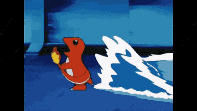a cartoon character with a flame in its mouth is standing next to a wave