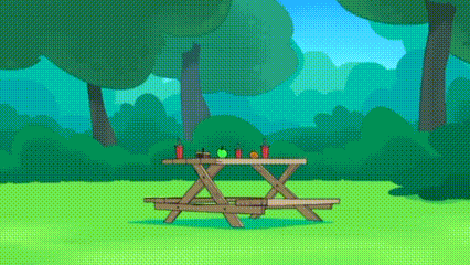 a cartoon illustration of a wooden picnic table in the middle of a park .
