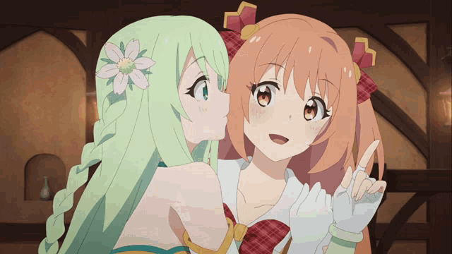 a girl with green hair kissing another girl with orange hair