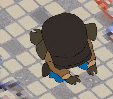 a cartoon drawing of a person standing on a tile floor