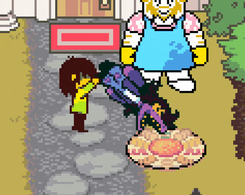 a pixel art drawing of a girl standing next to a giant cartoon character