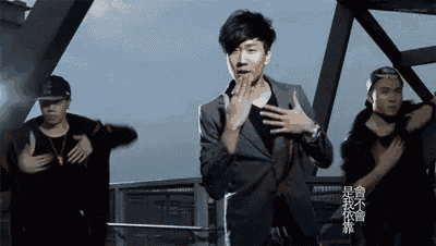 a man in a suit is dancing with a group of dancers