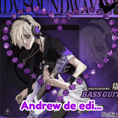 a picture of a man playing a bass guitar with the name andrew de edi