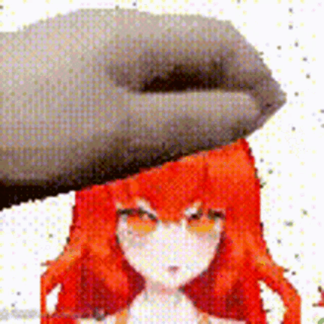 a hand is holding a red haired anime girl 's head