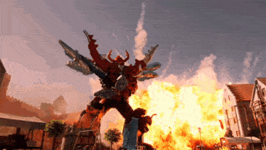a robot is standing in front of a large explosion in a city