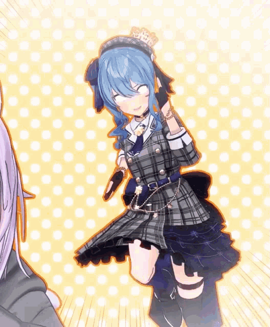 a girl with blue hair is wearing a crown and a plaid dress
