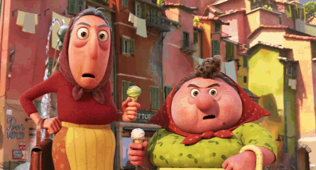 two cartoon characters are standing in front of a store that says ' tutto ' on it