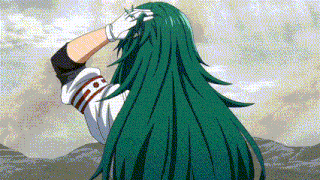 a person with long green hair is wearing a white shirt with the letter h on the sleeve