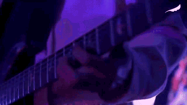 a person is playing a guitar in a dark room with purple lights