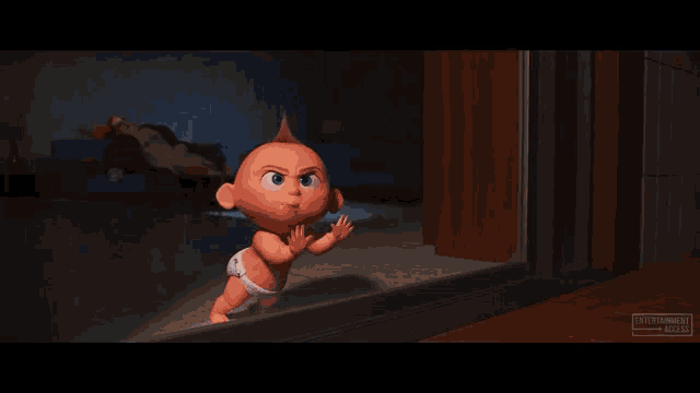 a cartoon baby is crawling on the floor with a flashlight .