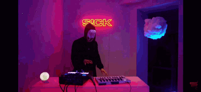 a neon sign that says sick above a person