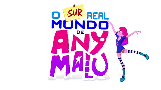 a logo for o sur real mundo de any maius with a girl laying on the ground