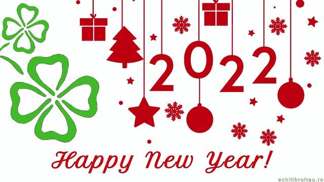 a happy new year greeting card with red and green decorations and the year 2022