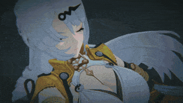 a girl with white hair has the letter m on her hair