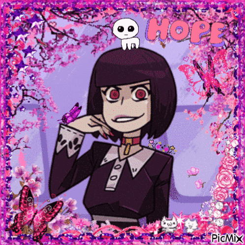a picture of a girl with a skull on her head and the word hope written above her