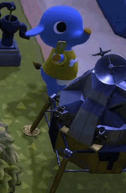 a blue animal crossing character is standing next to a rocket