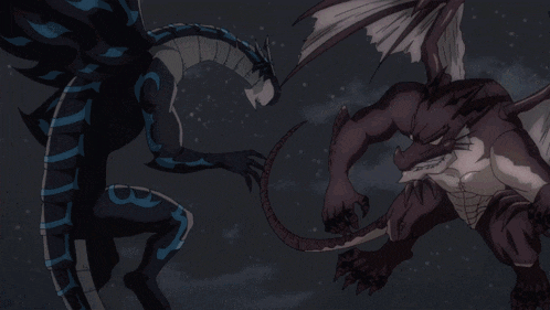 a black and white dragon fighting each other with a fireball in the background
