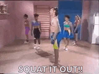 a group of people are doing squats in a gym with the words squat it out !