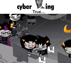 a group of trolls are sitting in front of a computer screen with the words cyber ing true written above them