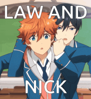 a picture of two anime characters with the words law and nick on it