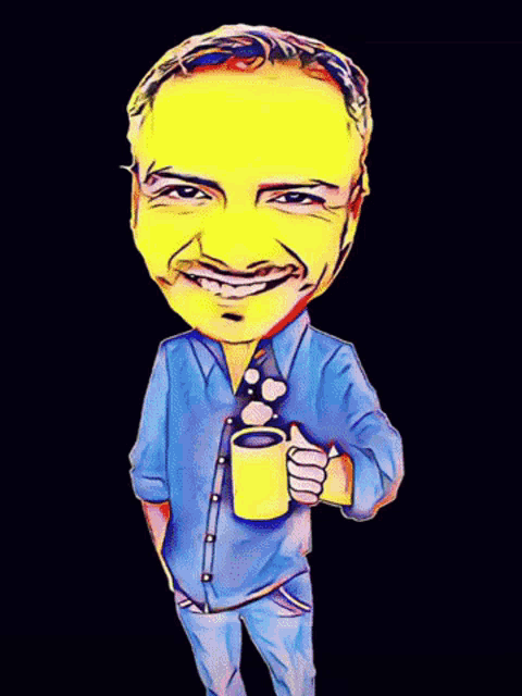 a man in a blue shirt is holding a cup of coffee