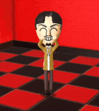 a man with a mustache is standing on a checkered floor