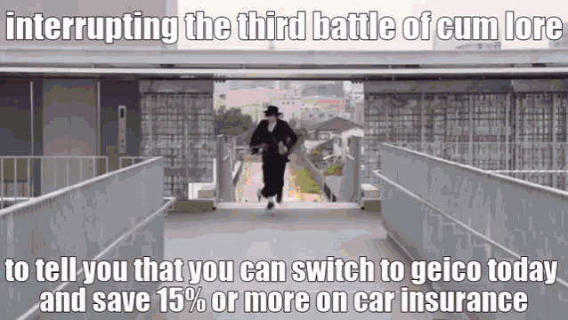 a man in a suit is running down a bridge with a caption that says interrupting the third battle of cum lore