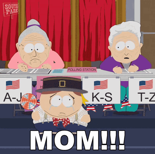 a south park cartoon shows a man holding a lollipop in front of a polling station sign