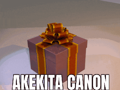 a purple gift box with a gold bow and the words " akekita canon " below it