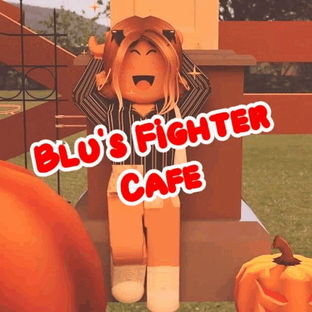 a girl in a roblox game is standing next to a pumpkin in a park .