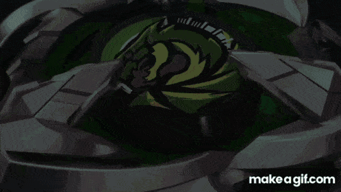 a green spinning top with a tiger on it is spinning in a dark room .