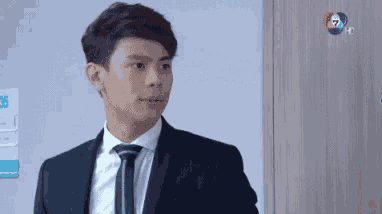 a man in a suit and tie is standing in front of a door in a room .