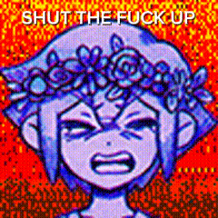 a pixel art drawing of a girl with a flower crown on her head and the words `` shut the fuck up '' .