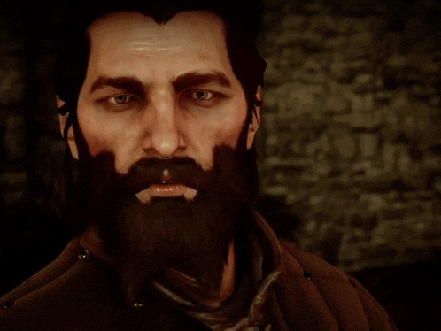a man with a beard and mustache is looking at the camera with his mouth open