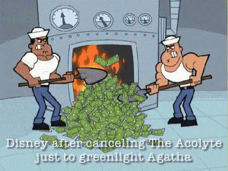 a cartoon shows two men shoveling money into a fire