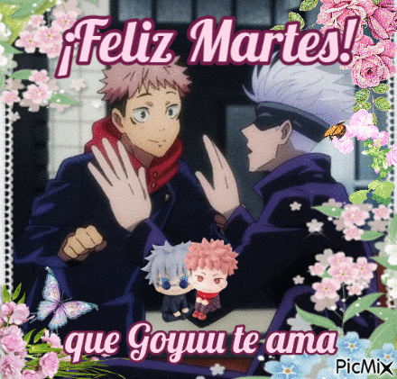 a greeting card with two anime characters and the words feliz martes