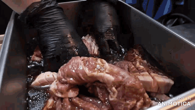 a person is holding a piece of meat in a pan that says made in animatica on the bottom