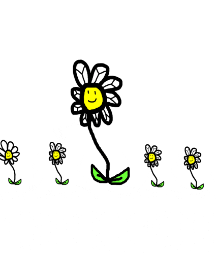 a drawing of a flower with a smiley face on it surrounded by other flowers .