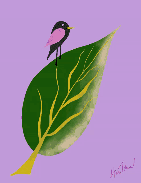 a drawing of a bird sitting on a green leaf with a purple background and the signature hai tora